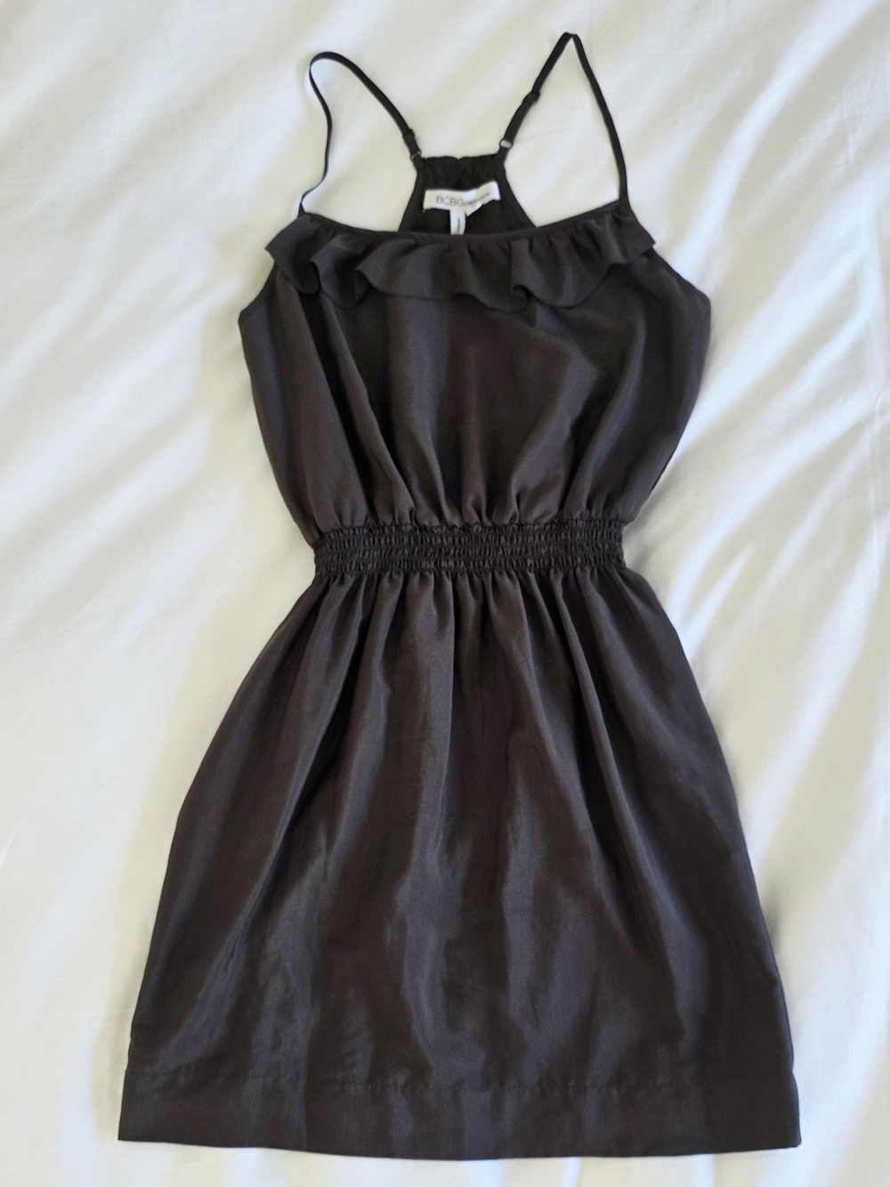 BCBGeneration Ruffle Neck Smocked Waist Mini Dress Dark Green XS